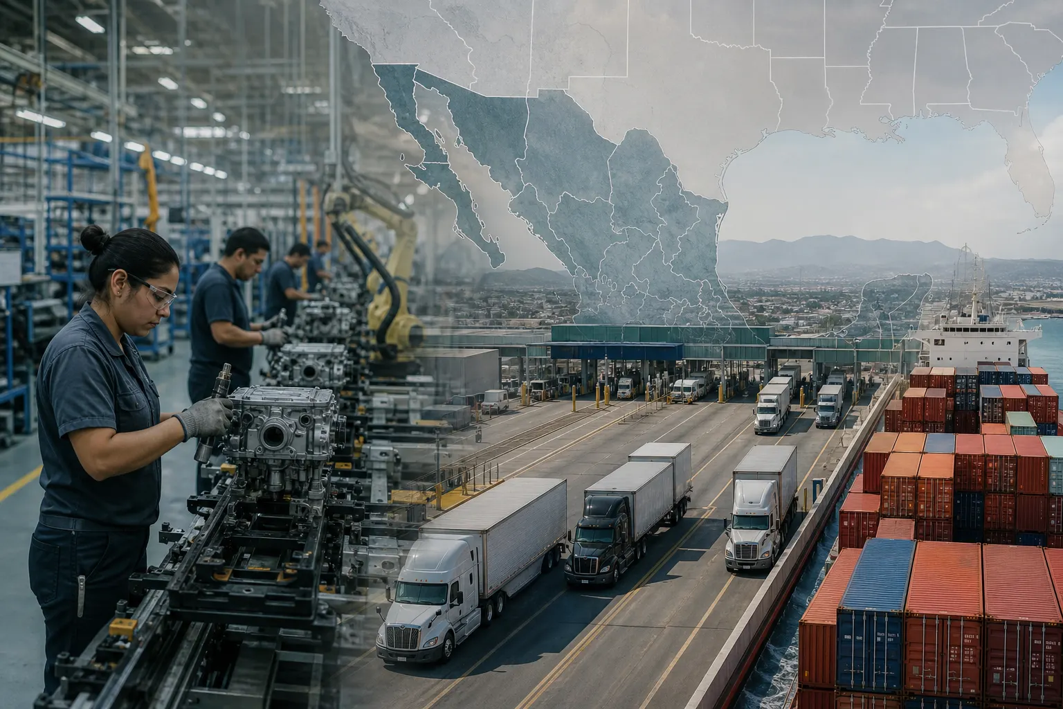 Planta manufacturera mexicana y contenedores de exportación ante la incertidumbre comercial de 2026