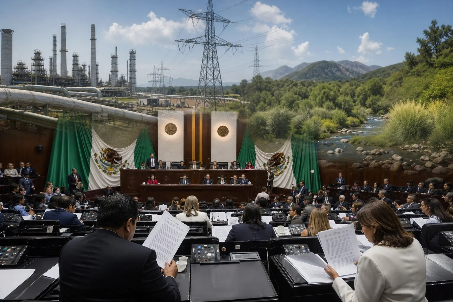 Documentos de la iniciativa de ley ambiental junto a una planta industrial y un ecosistema restaurado
