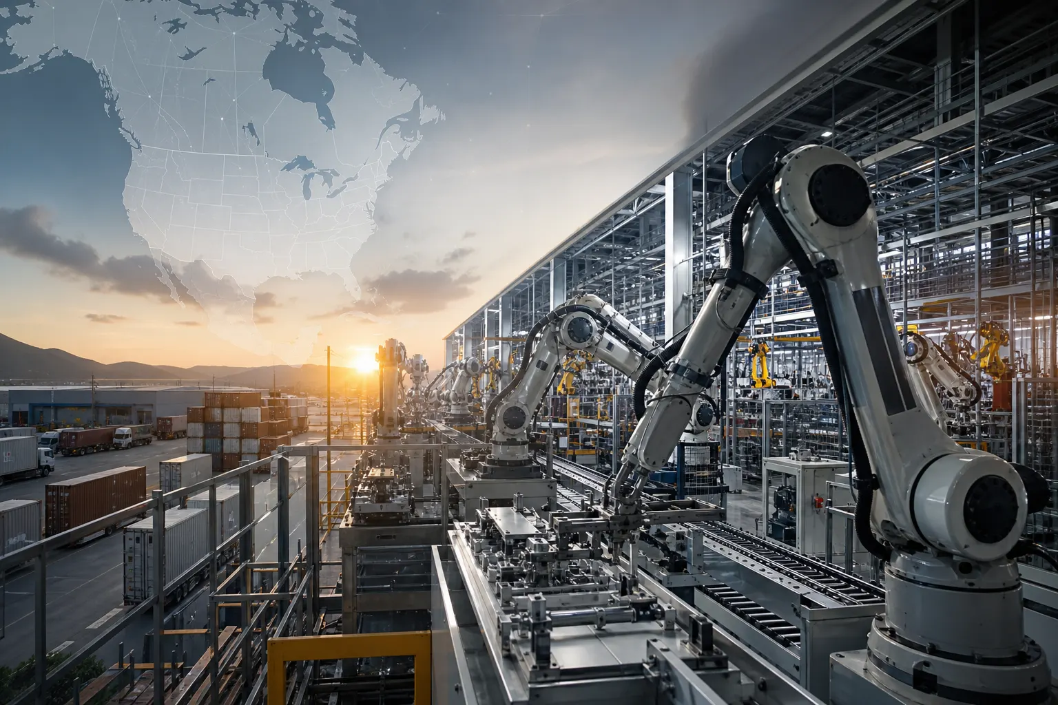 Planta manufacturera en México con líneas de producción y contenedores logísticos