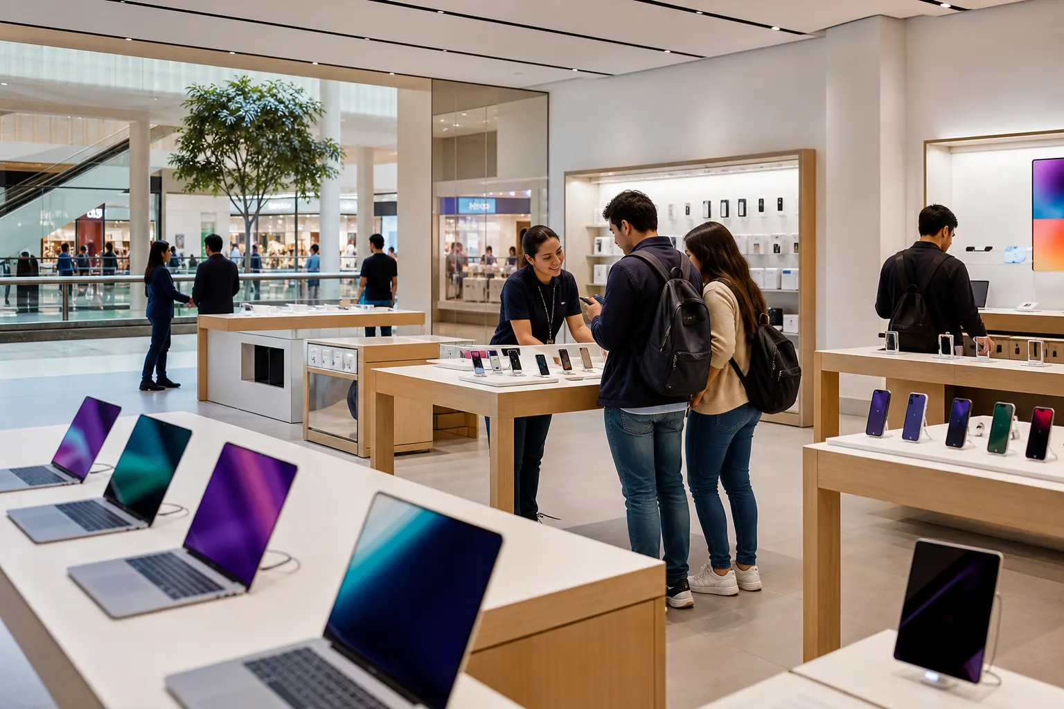 Interior de una tienda MacStore con productos tecnológicos y atención especializada en México