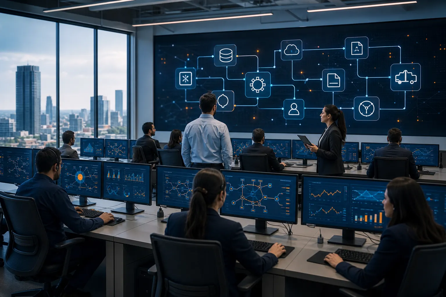 Agentes de inteligencia artificial conectando sistemas empresariales en una empresa mexicana