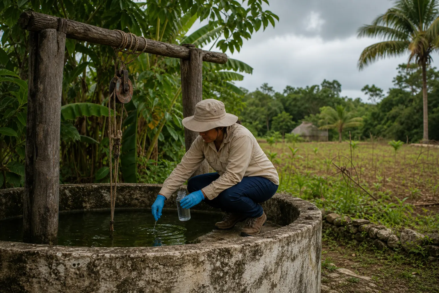 Toma de muestras de agua en una comunidad maya de Hopelchén, Campeche