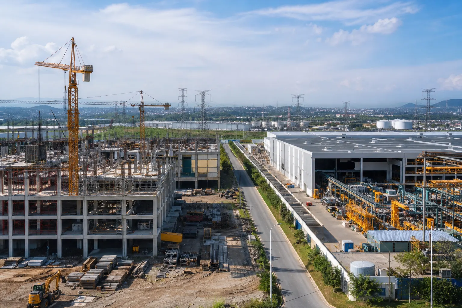 Parque industrial mexicano con construcción, manufactura e infraestructura eléctrica