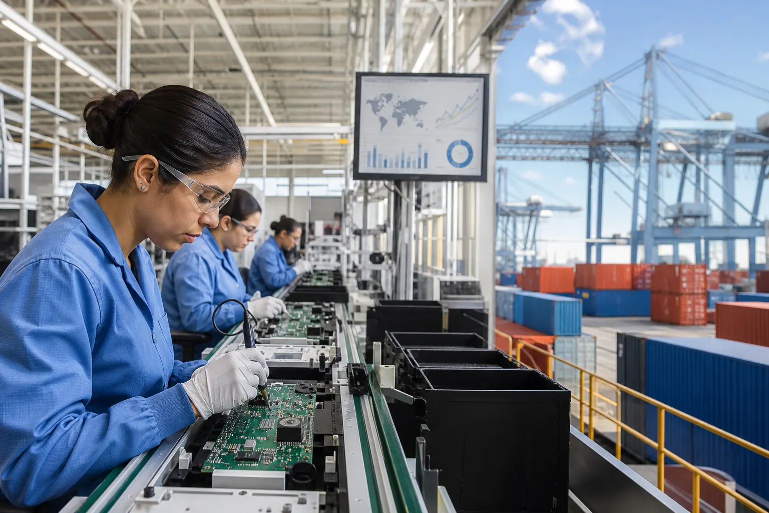 Planta manufacturera mexicana con componentes electrónicos y contenedores de exportación