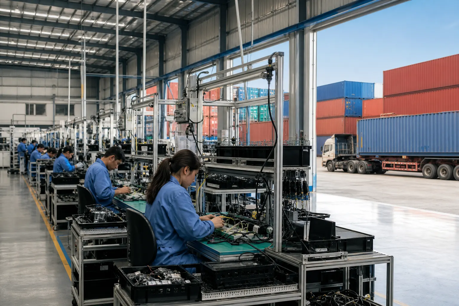 Planta manufacturera mexicana con equipos eléctricos y contenedores de exportación