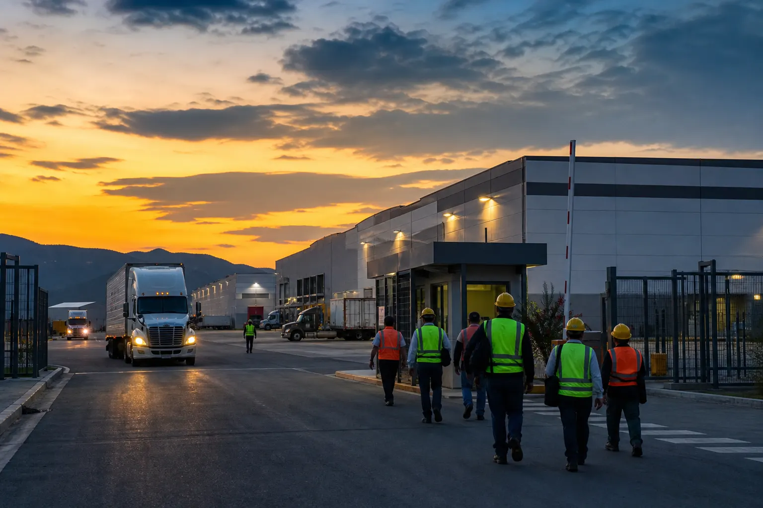 Corredor industrial mexicano con camiones de carga y trabajadores durante el atardecer