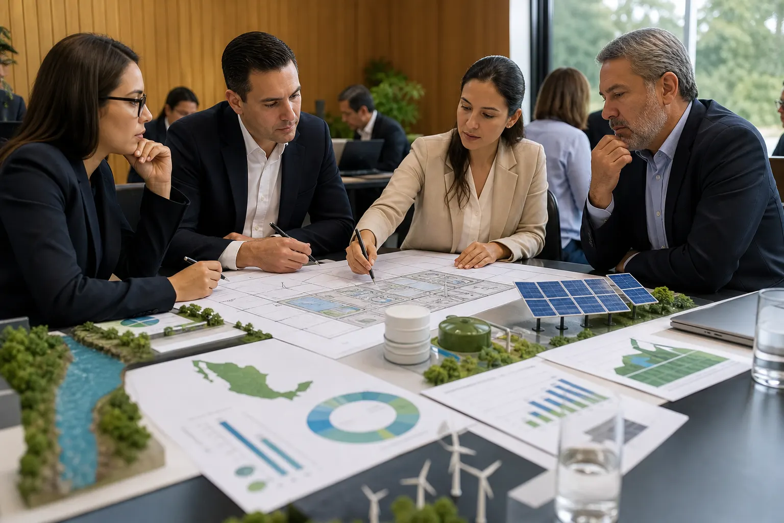 Documentos y planos de proyectos de infraestructura sostenible durante un foro de financiamiento climático en México