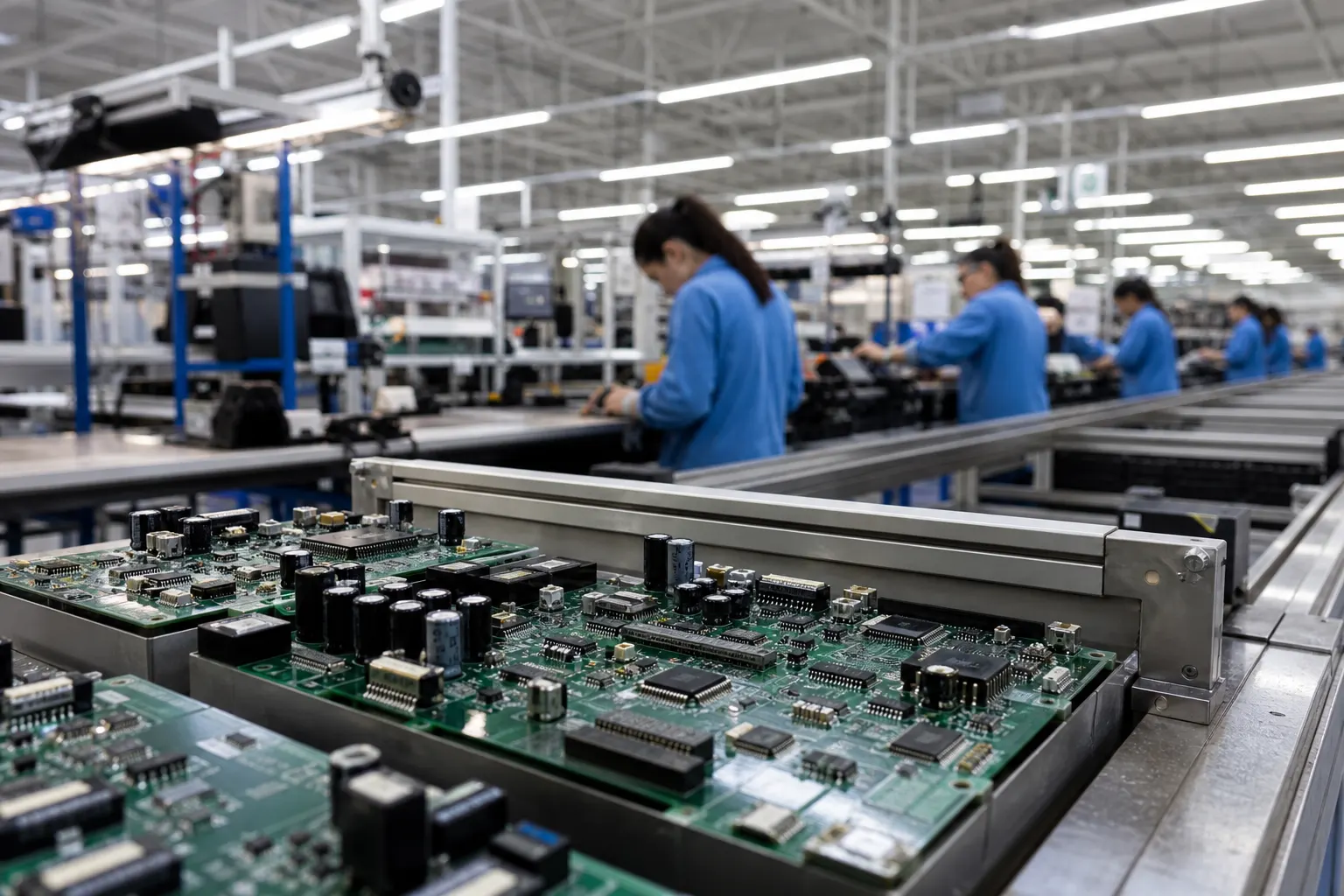 Línea de producción manufacturera en México con componentes industriales y trabajadores