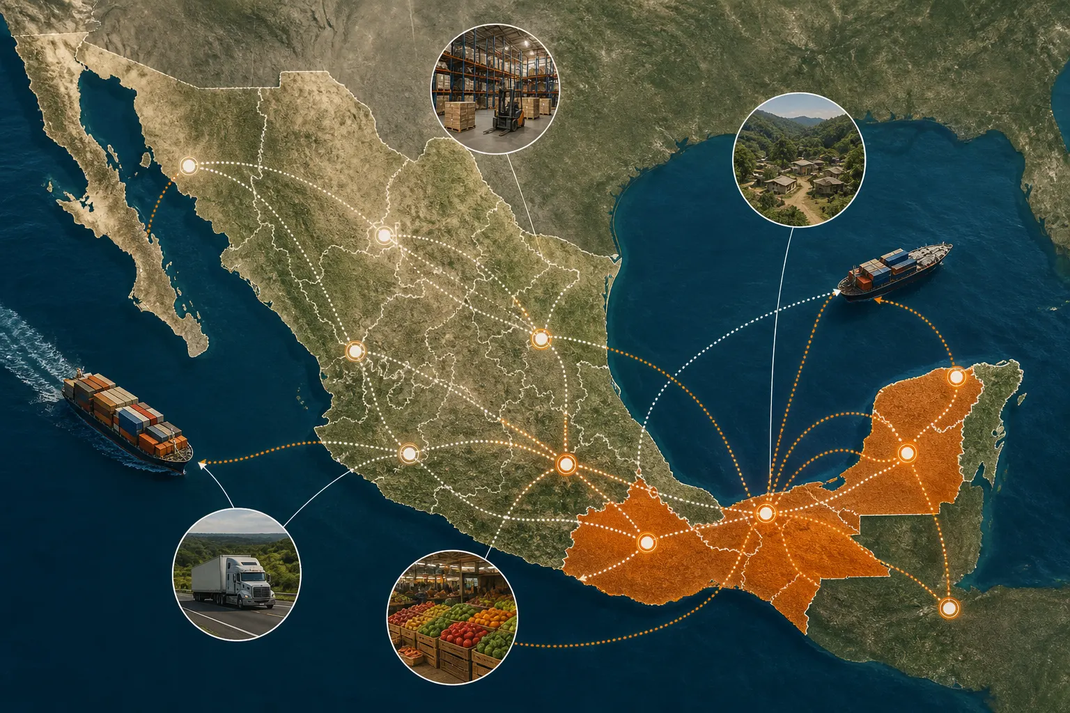 Mapa de México con énfasis en Tabasco, Oaxaca y Campeche por las brechas de acceso a alimentos