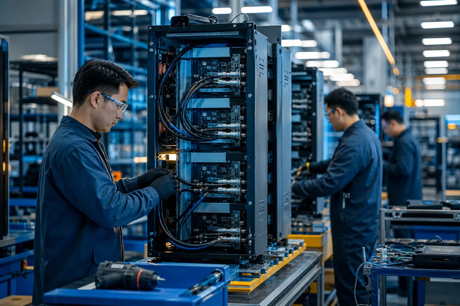 Técnicos ensamblan racks de servidores para inteligencia artificial en una planta de manufactura avanzada en México