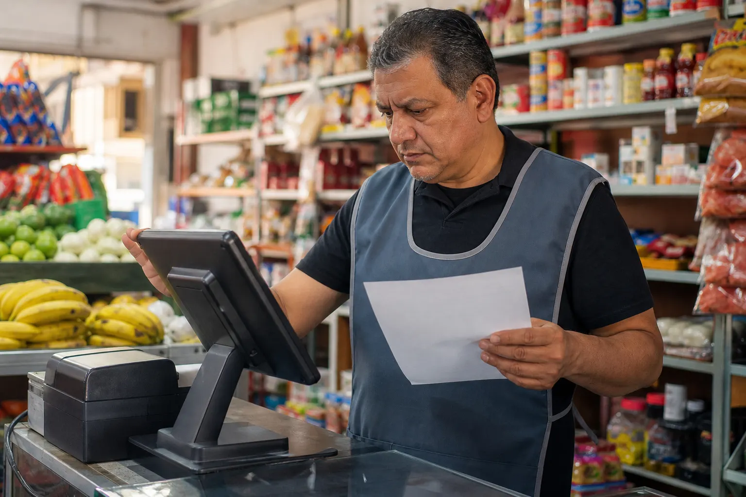 Comerciante mexicano revisa el costo de aceptar pagos digitales en una terminal punto de venta