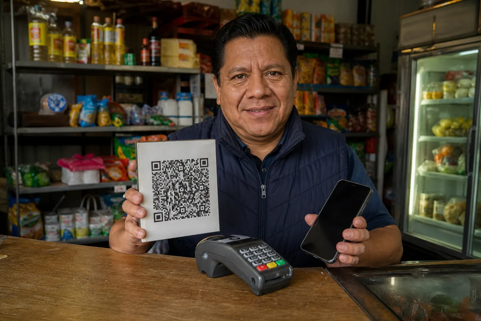 Pequeño comercio mexicano recibiendo un pago digital mediante código QR