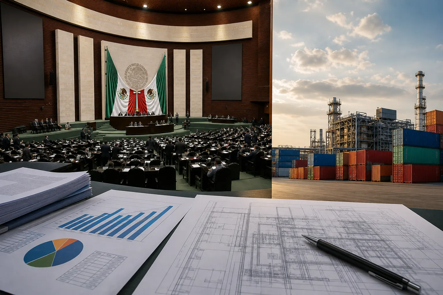 Documentos del Paquete Económico 2027 frente al Congreso de México y una planta industrial