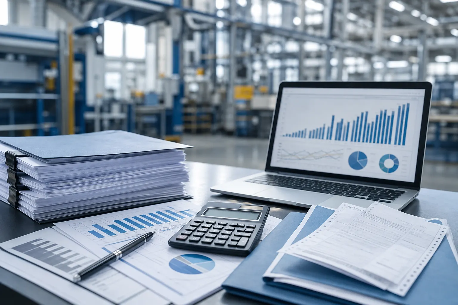 Documentos del Paquete Económico 2027 junto a una laptop y elementos de contabilidad empresarial