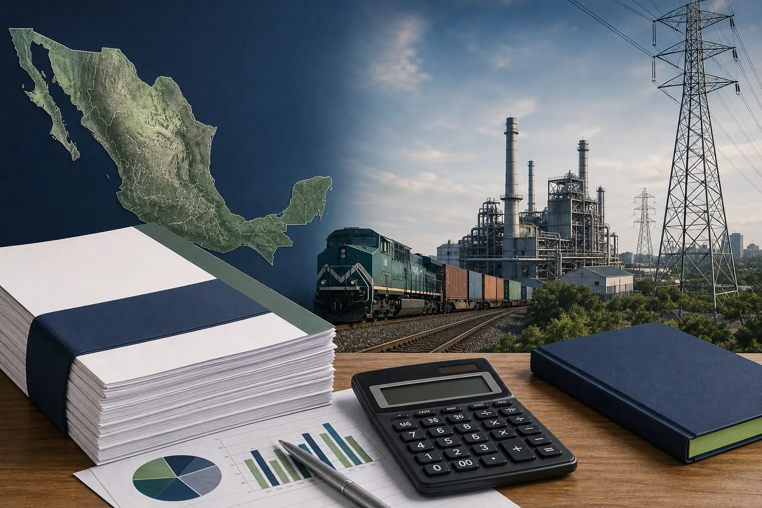 Documentos del Paquete Económico 2027 de México junto a elementos de infraestructura industrial