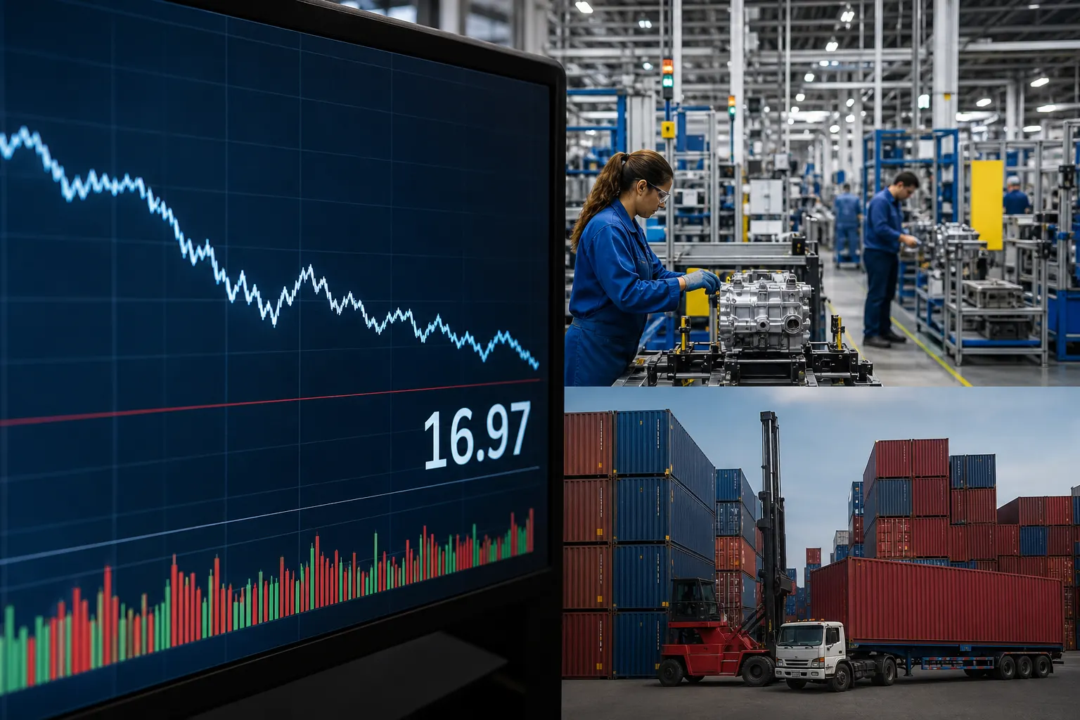 Pantalla financiera con el peso mexicano frente al dólar y una planta industrial al fondo