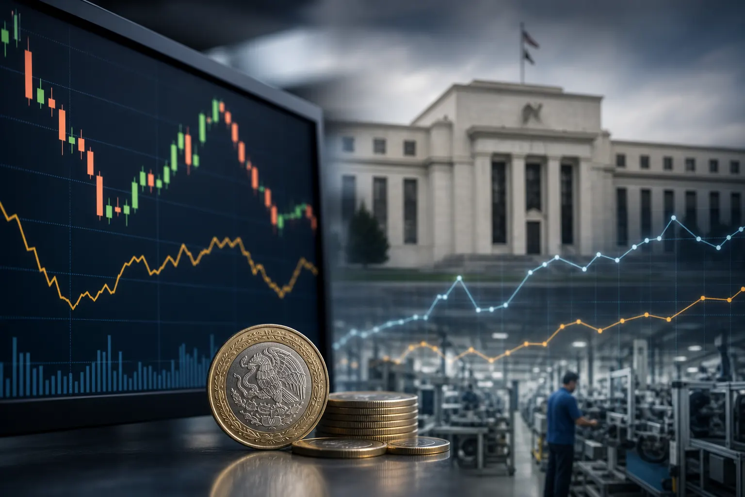 Pantalla financiera con el tipo de cambio peso-dólar y una planta industrial mexicana