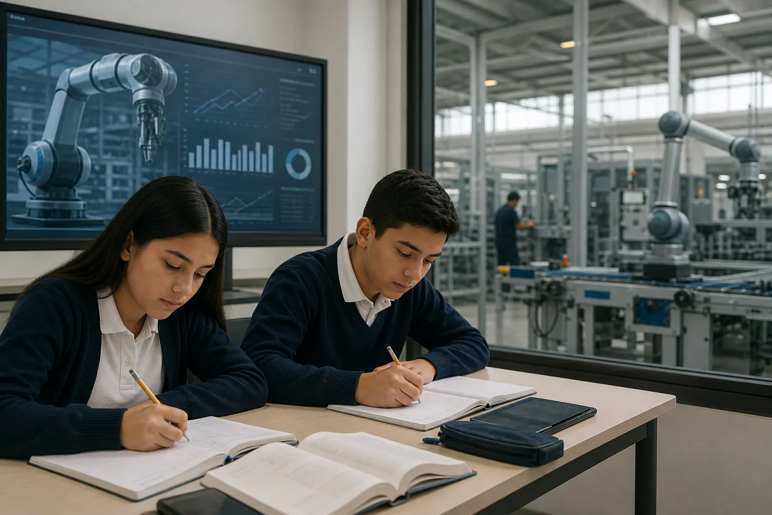 Estudiantes mexicanos trabajan con matemáticas y lectura mientras una planta manufacturera aparece al fondo como símbolo del reto de formación técnica.