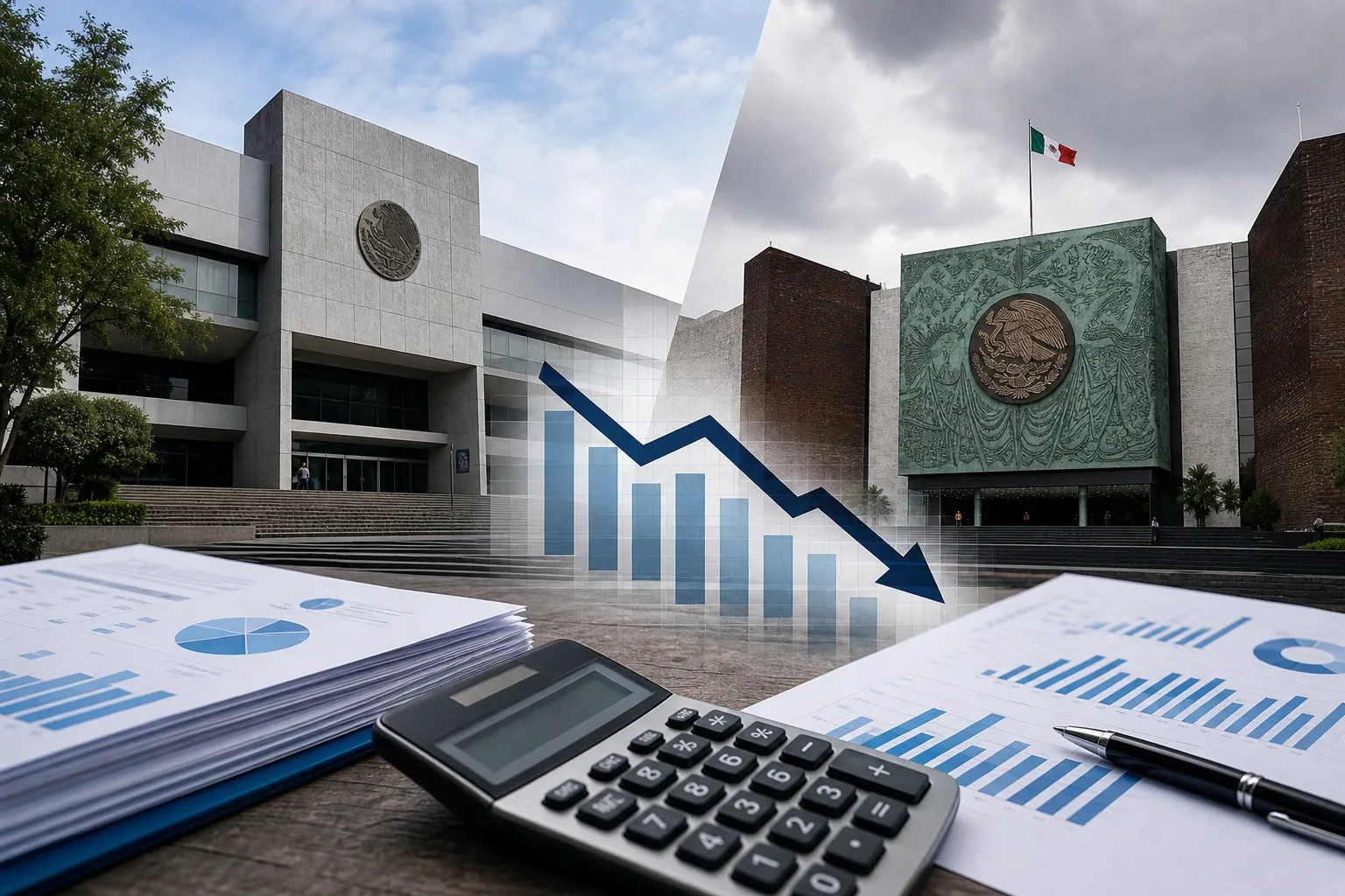Edificios del INE y la Cámara de Diputados junto a documentos del presupuesto electoral de 2027