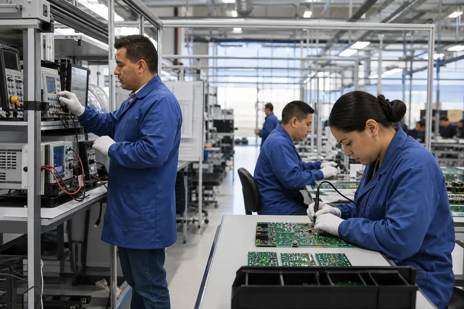 Técnicos trabajan con componentes electrónicos en una planta de manufactura vinculada a la cadena de semiconductores entre México y Arizona.