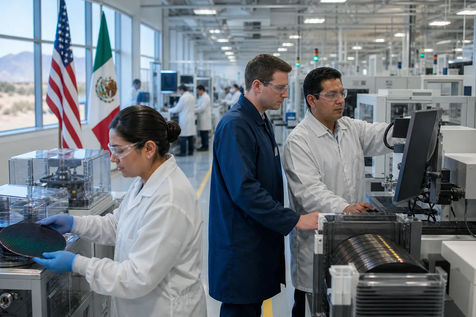 Técnicos revisan procesos de prueba y empaque de semiconductores en una planta de manufactura avanzada