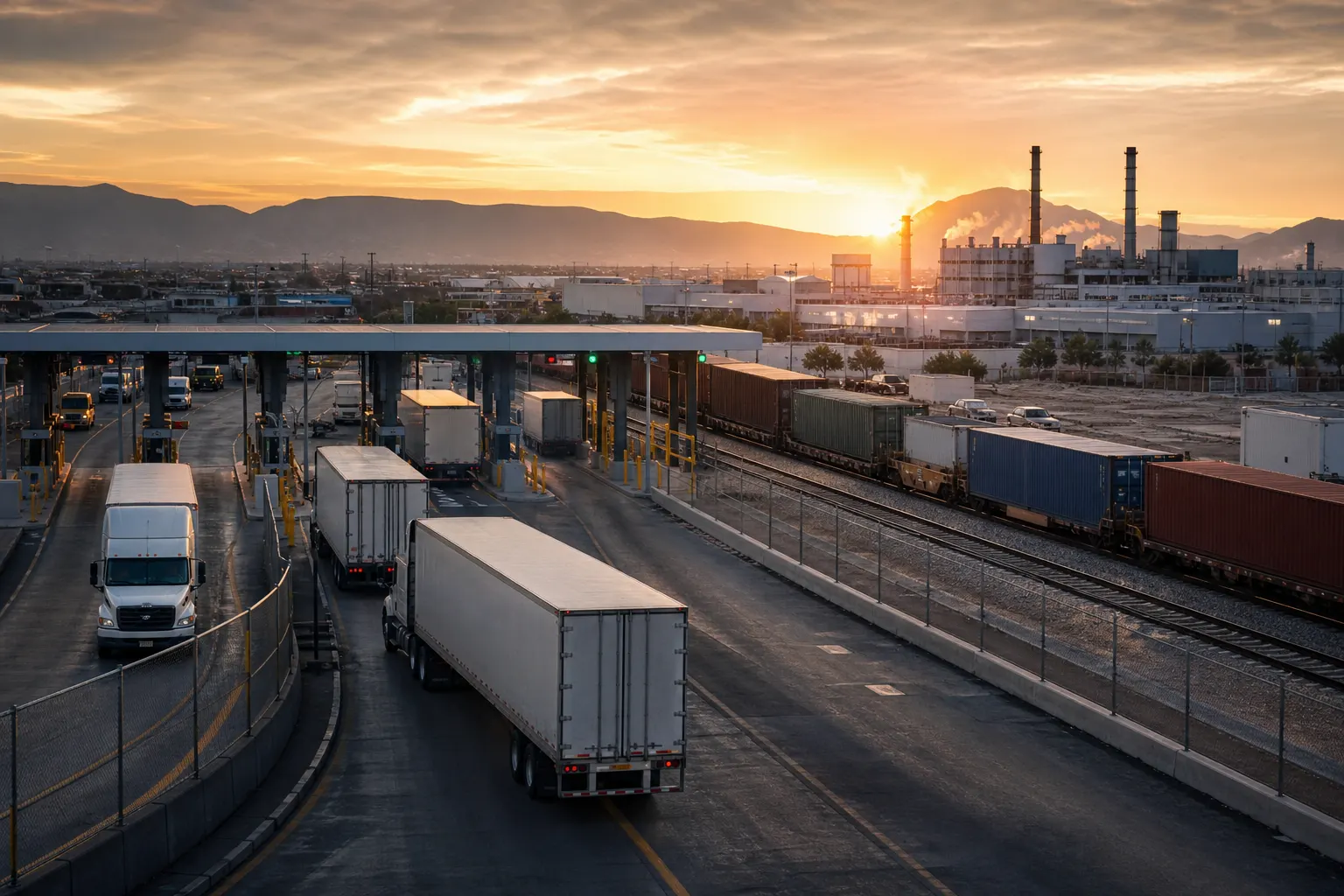 Corredor logístico entre México y Estados Unidos con camiones, trenes y una planta automotriz