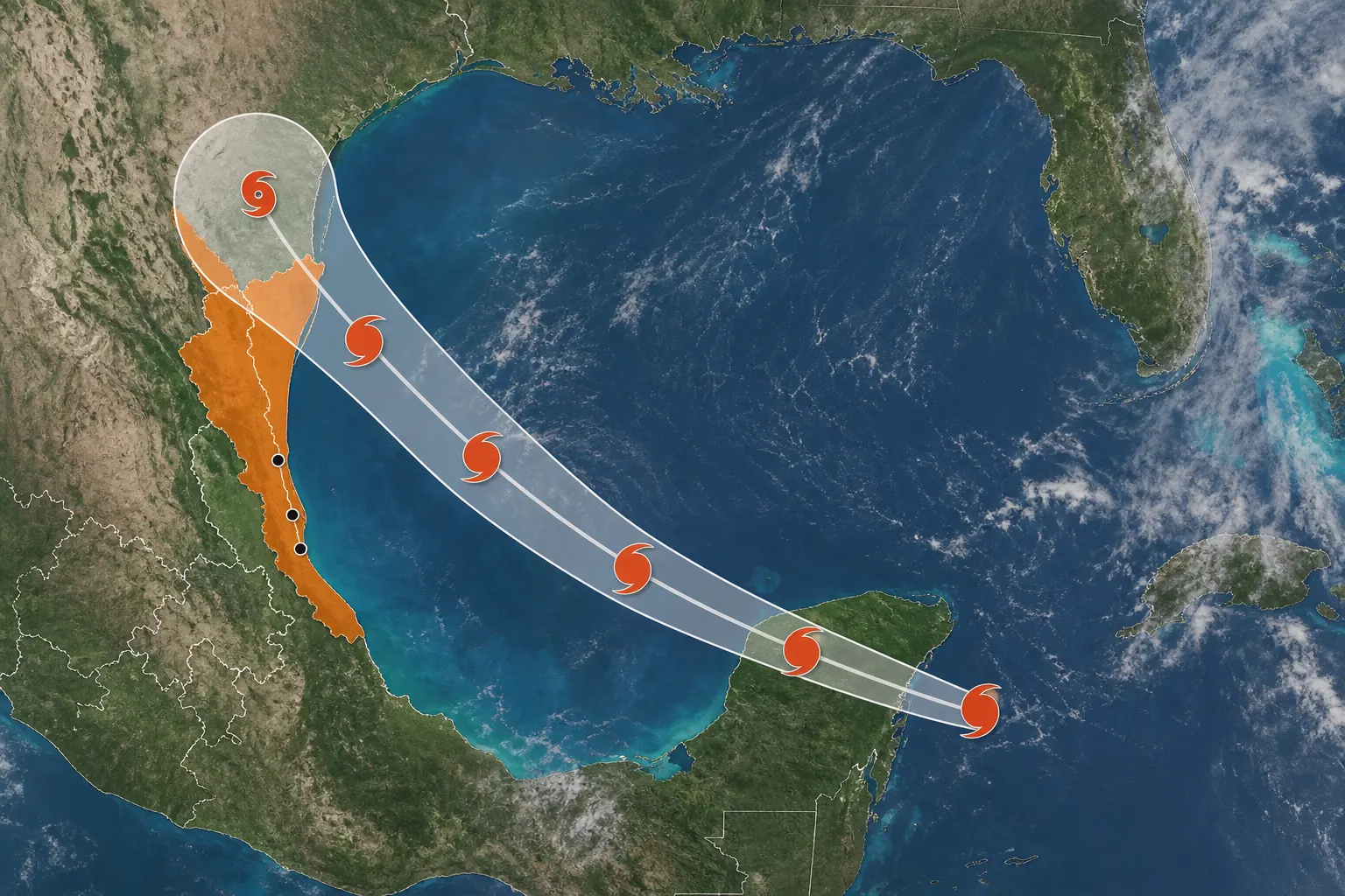 Mapa del Golfo de México con la tormenta tropical Isaias y zonas bajo vigilancia en Tamaulipas y Veracruz