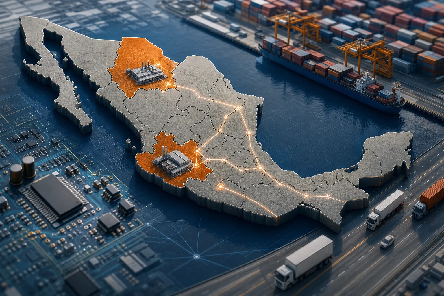 Mapa de las exportaciones estatales de México en 2026 con Chihuahua y Jalisco como polos de electrónica