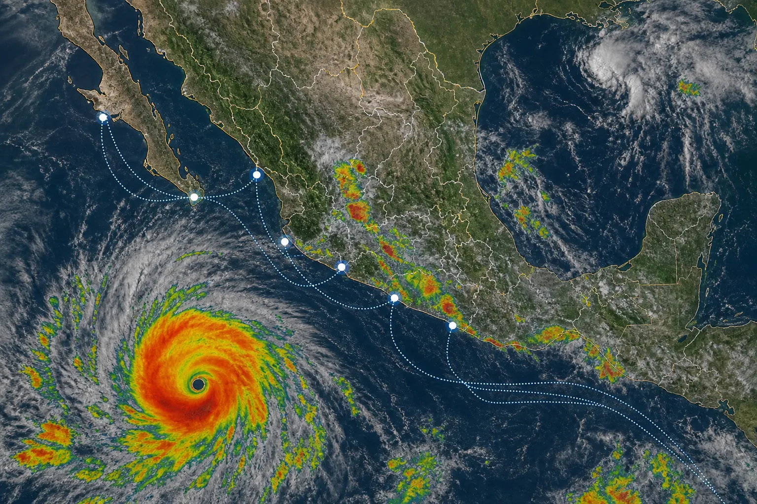 Mapa del huracán Trudy frente al Pacífico mexicano y zonas costeras bajo vigilancia