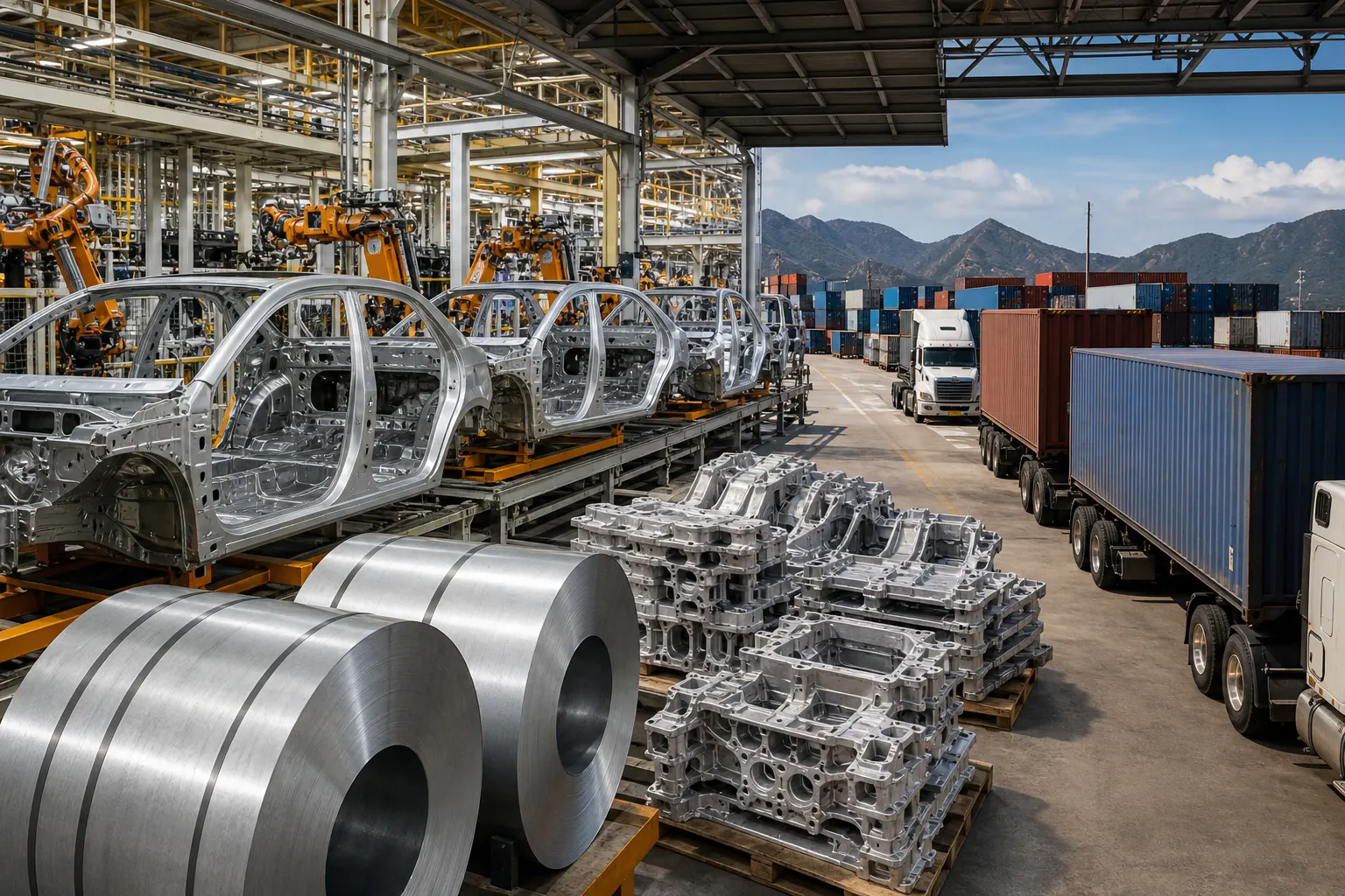 Planta industrial mexicana con vehículos, acero y aluminio destinados a exportación hacia Estados Unidos