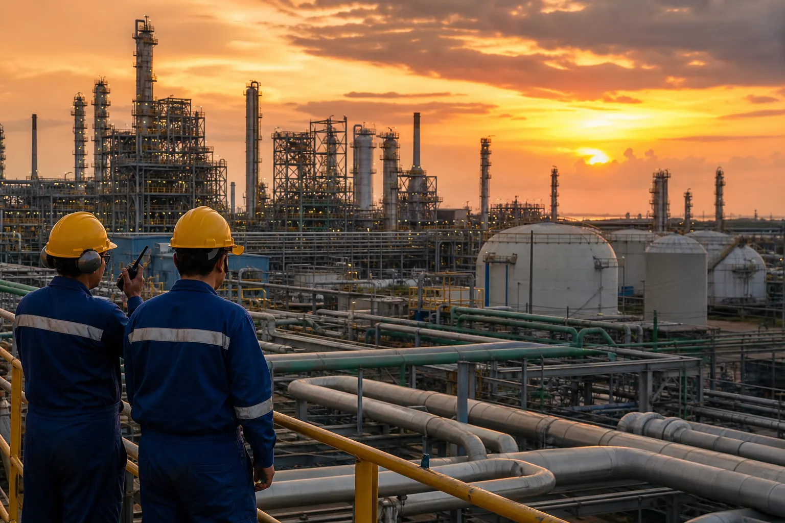 Complejo petroquímico mexicano con infraestructura de tuberías y tanques de almacenamiento