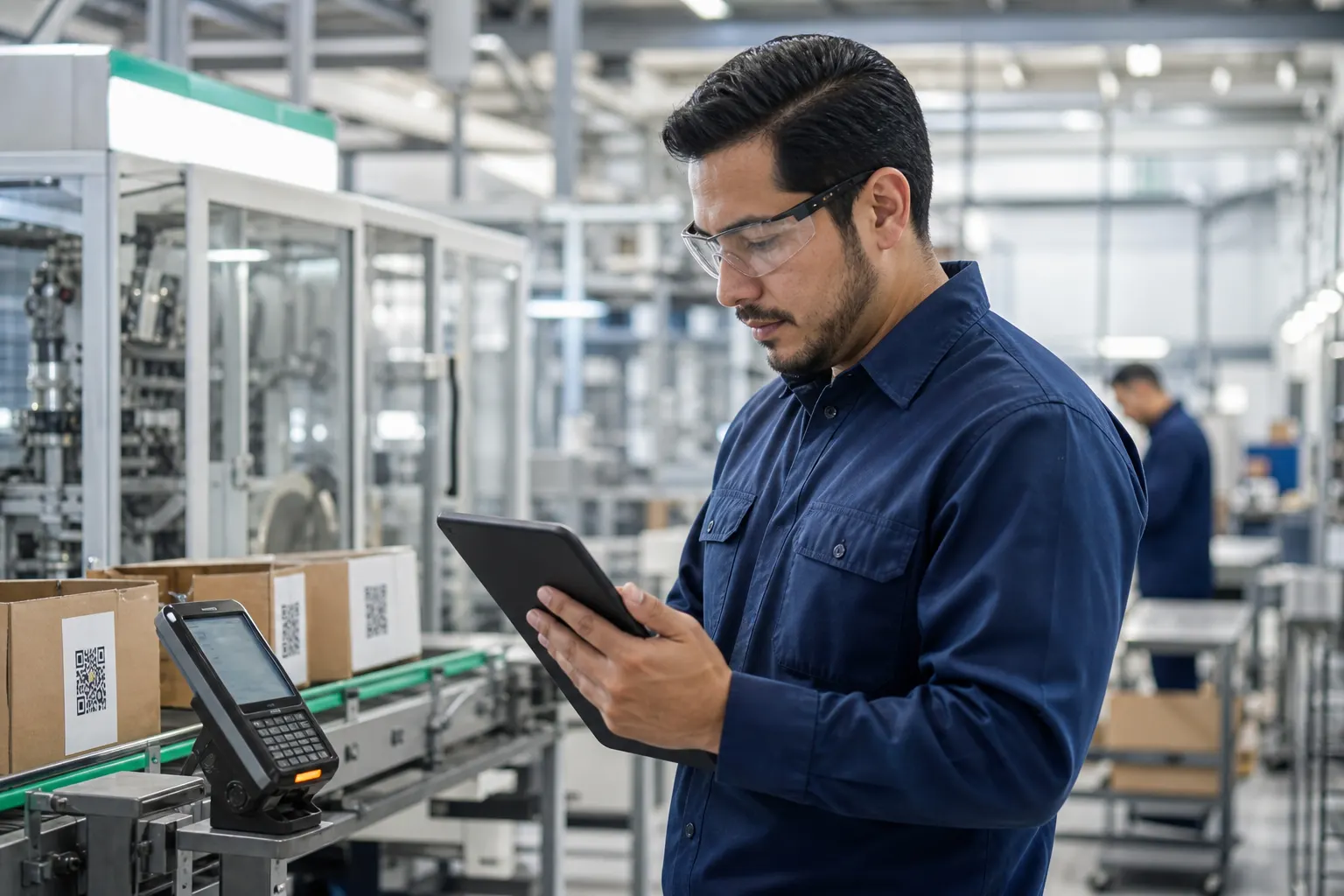 Operador logístico revisa pagos digitales en una planta manufacturera mexicana