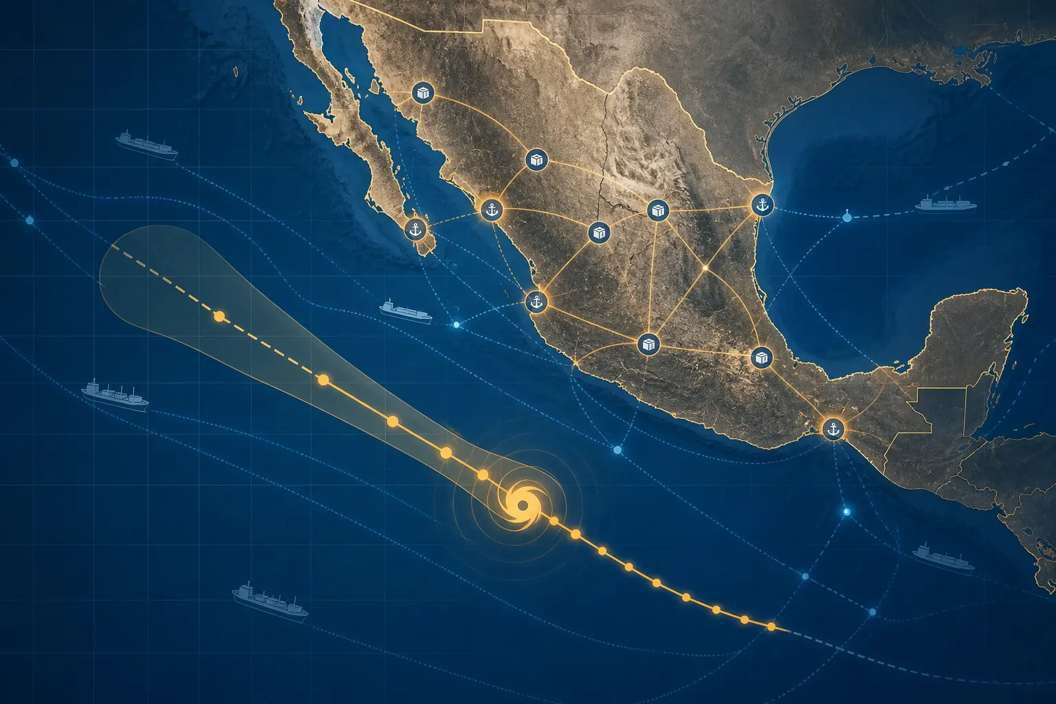 Trayectoria de la tormenta tropical Vance al sur de México y rutas logísticas del Pacífico