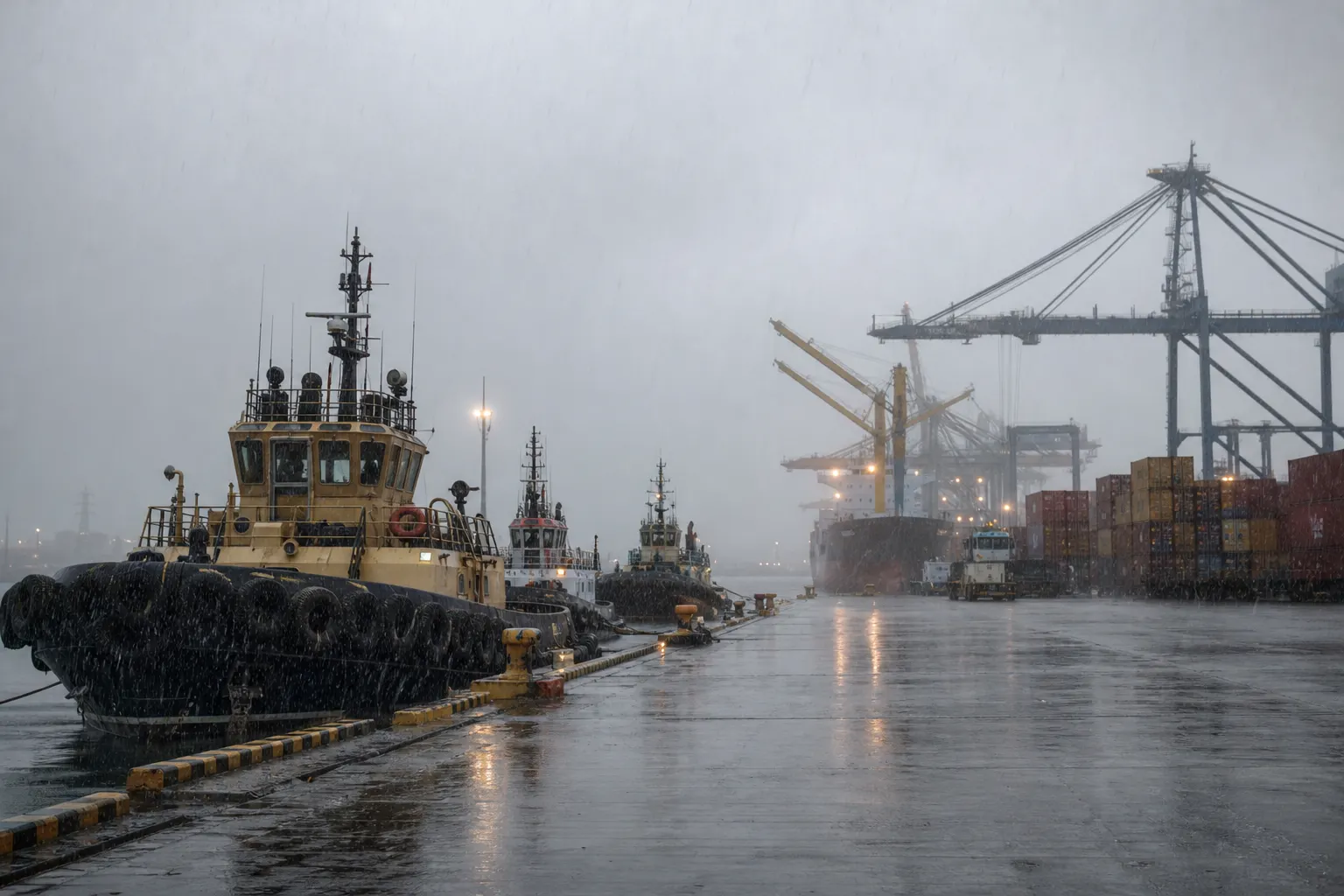 Puerto industrial mexicano con embarcaciones resguardadas durante lluvias del frente frío número 2